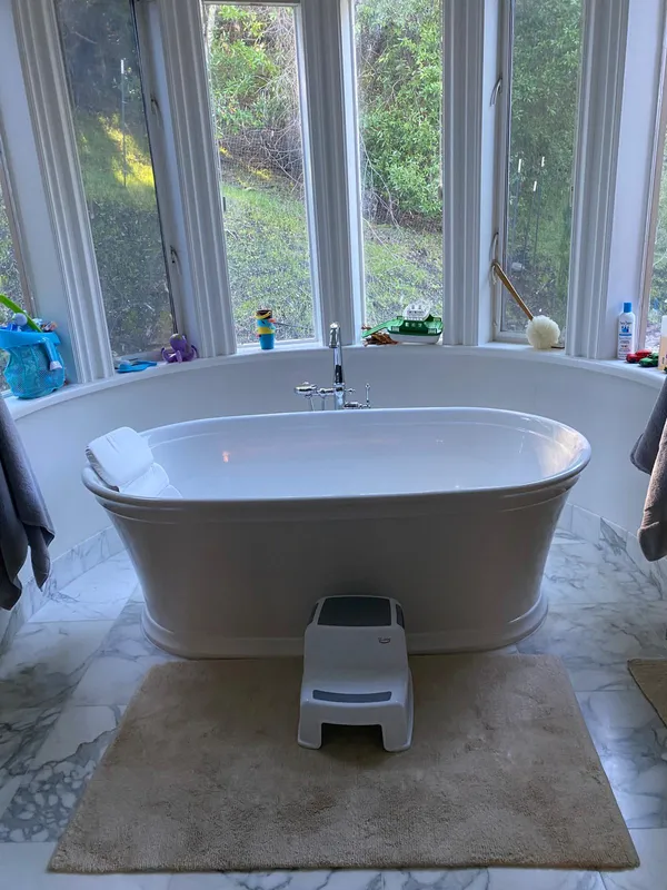 Freestanding tub in a bay window bathroom remodel in Vallejo
