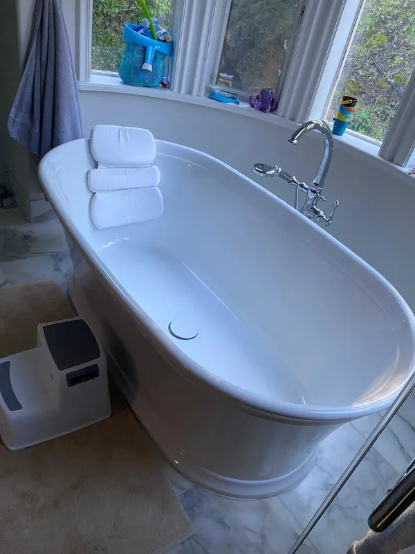 Freestanding soaking tub installed in a bathroom remodel in Vallejo
